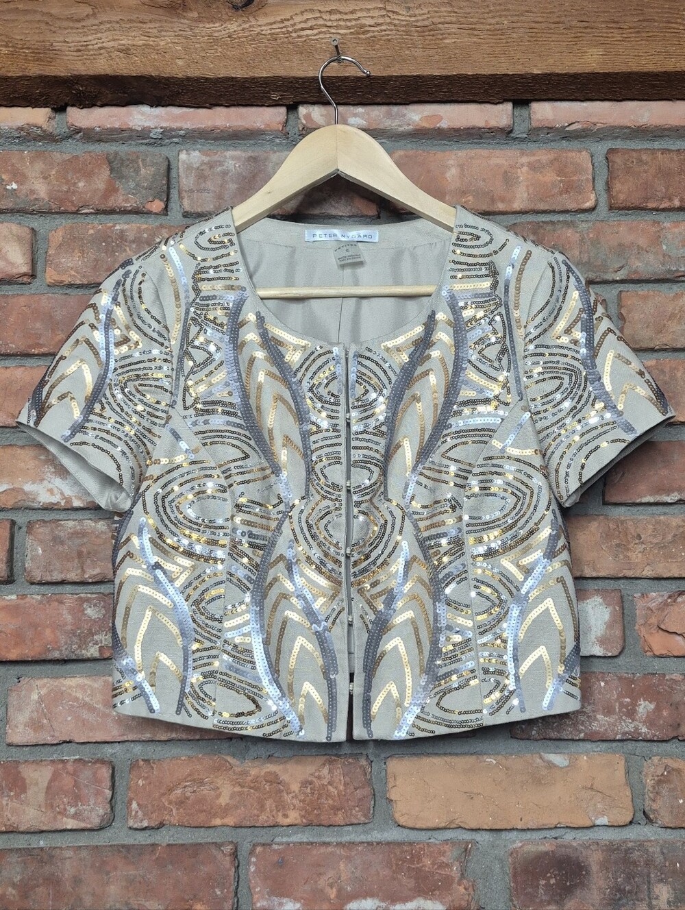 Peter Nygard Linen Blend Sequin Cropped Blazer Short Sleeve Embellished Petite